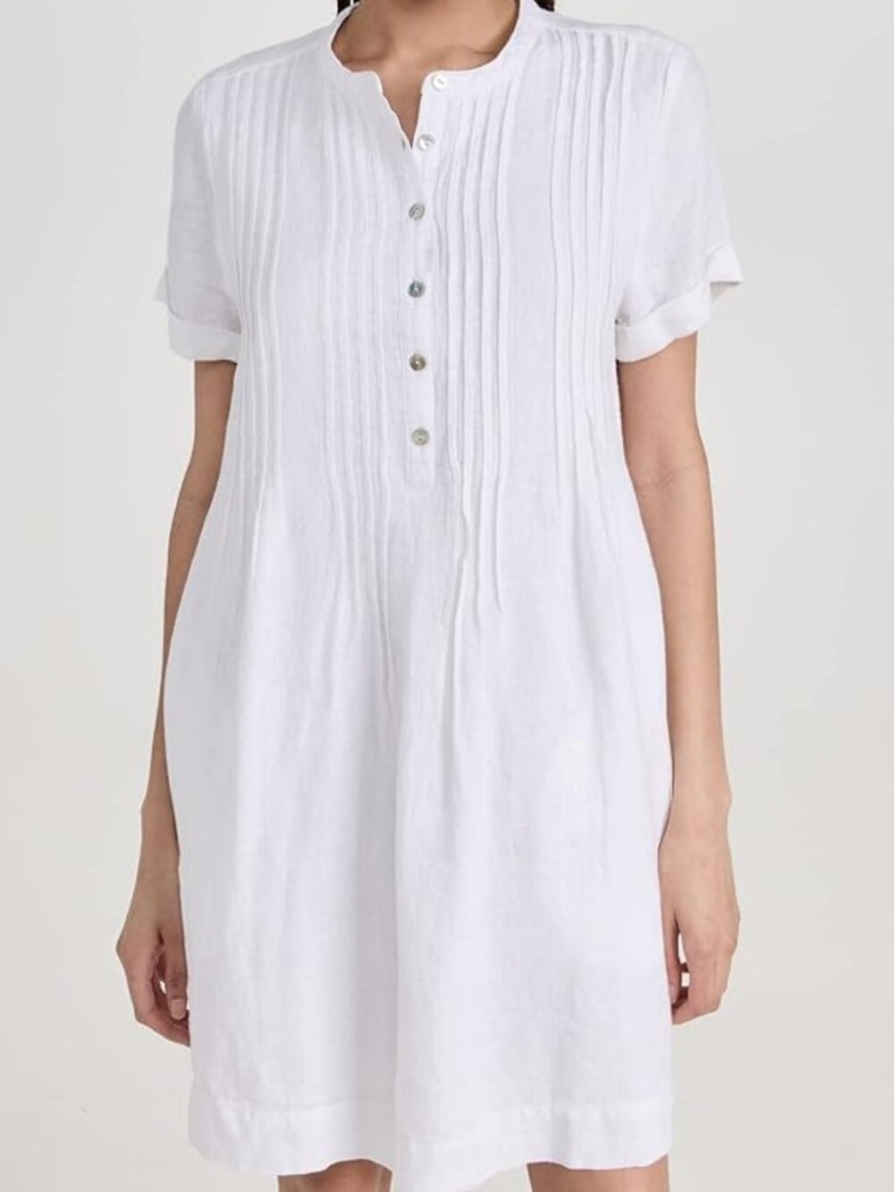 Faherty Gemina White Linen Basketweave Mini Dress Pintuck Short Sleeve Womens XS